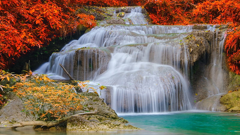Erawan Waterfalls, red, stream, autumn, leaves, waterfall, nature, thailand, HD wallpaper
