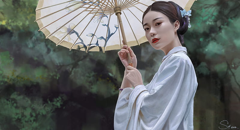 Girl, chinese, parasol, white, steve yang, art, luminos, umbrella, fantasy, vara, asian, summer, HD wallpaper