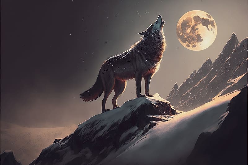 Howling wolf, ejszaka, uvolto, vadallat, farkas, havas, hegyseg, HD ...