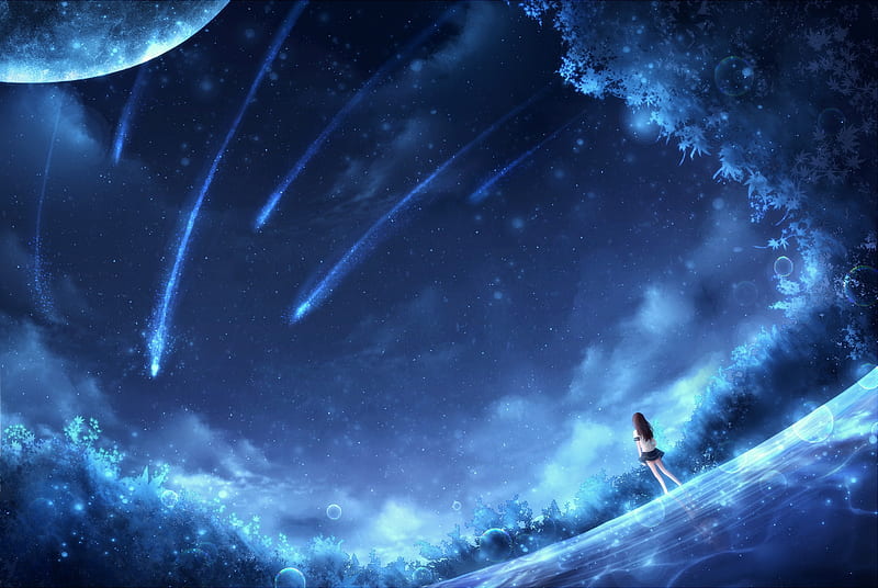 Falling stars, luminos, girl, anime, manga, falling star, sky, blue, HD wallpaper