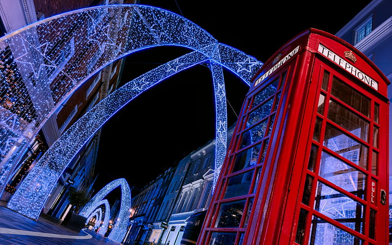 London, red telephone box, Christmas neon decoration, night cityscape, Great Britain, HD wallpaper