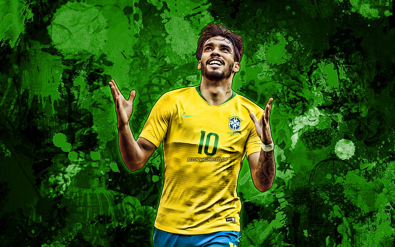 Lucas Paqueta, green paint splashes, Brazil National Team, soccer, Lucas Tolentino Coelho de Lima, footballers, grunge art, Brazilian football team, HD wallpaper