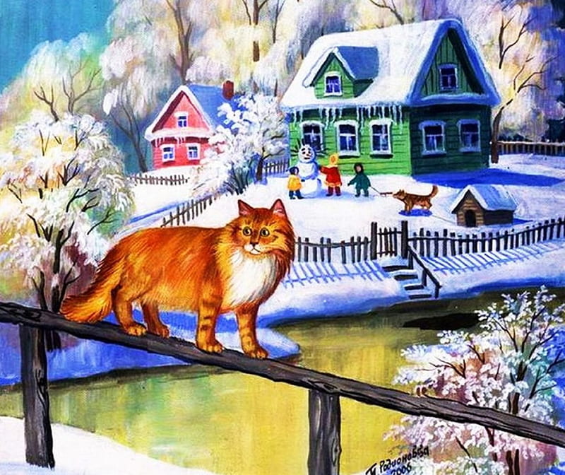 Kitty's Favorite Place, fence, houses, trees, cat, artwork, winter, snow, painting, ice, village, river, HD wallpaper