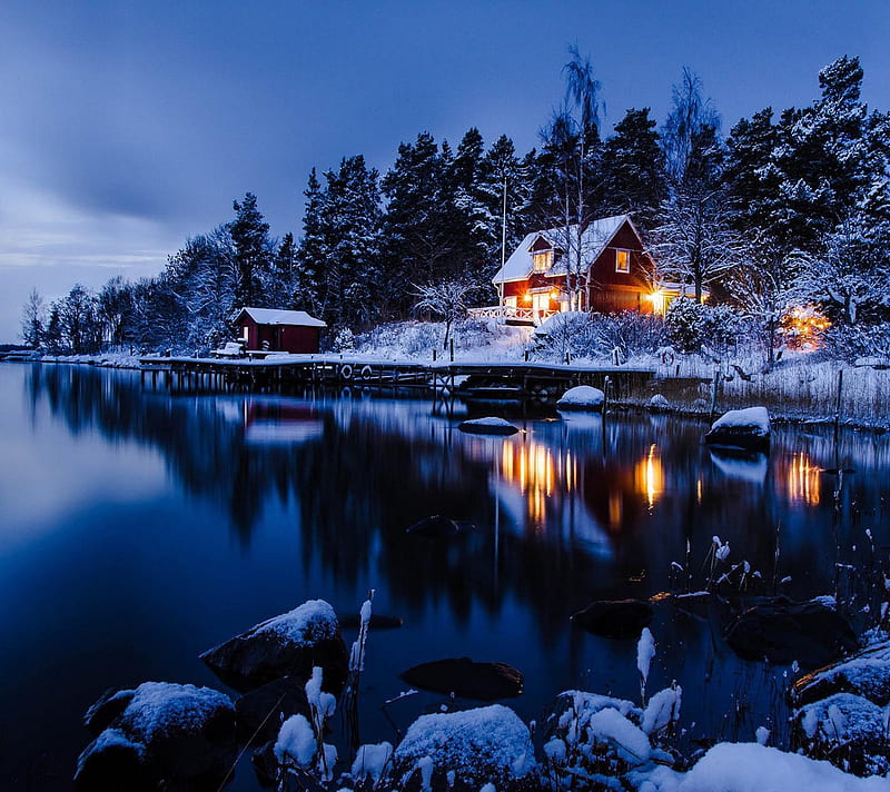 winter, forest, frozen, home, night, river, snow, HD wallpaper