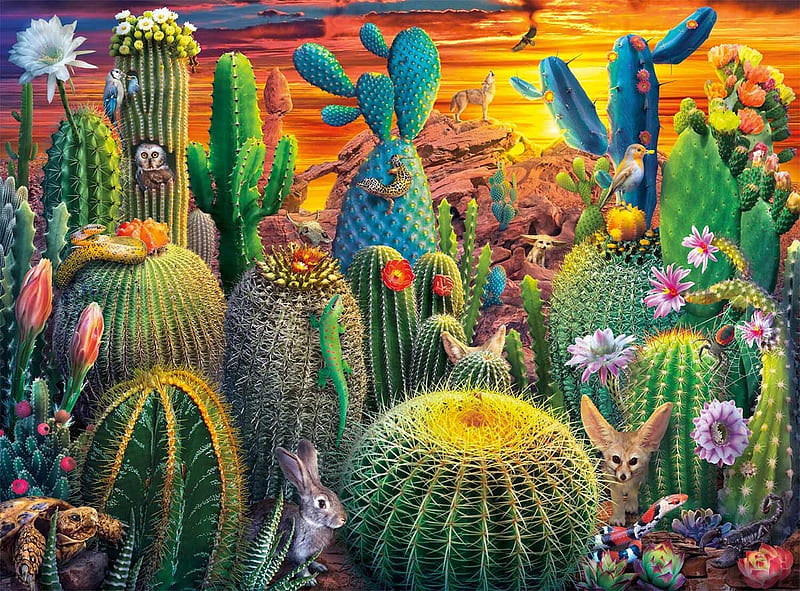 Desert Colors, puzzle, jigsaw, animals, desert, colors, cactus, HD wallpaper