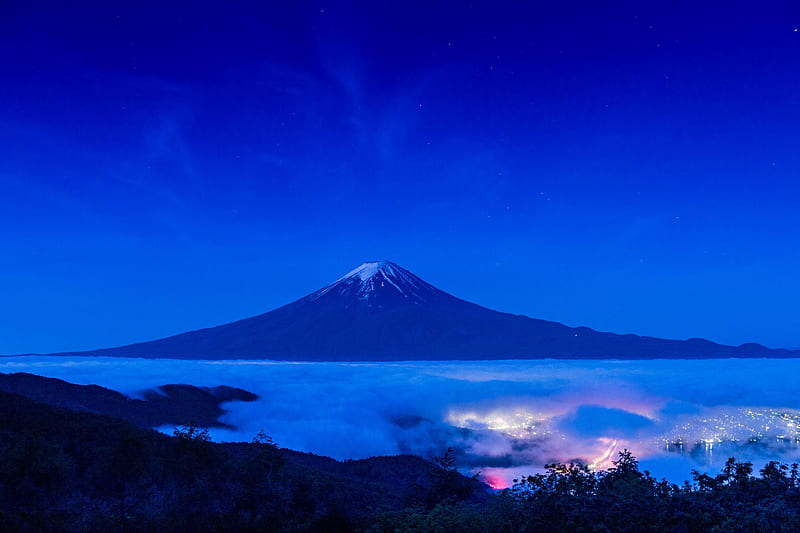 Mount Fuji at Night, Stars, Nights, Mountains, Volcanoes, japan, Nature, HD wallpaper