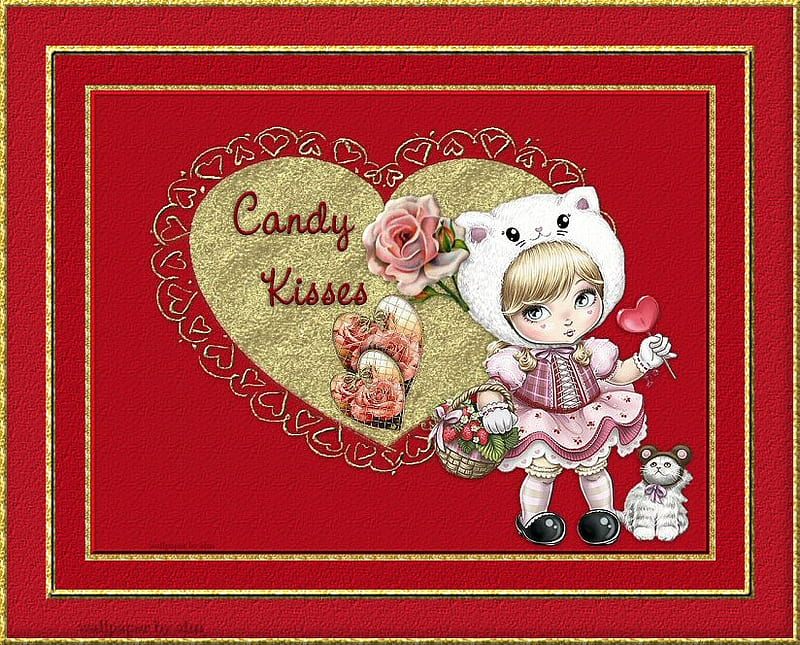 Candy Kisses, red, candy, gold, frame, heart, valentine, kitten, HD wallpaper