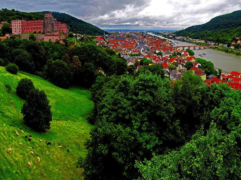 View to the town, red, pretty, riverbank, grass, bonito, clouds, europe, mountain, nice, bridge, green, village, river, hills, lovely, view, houses, roofs, greenery, town, sky, trees, lake, water, slope, summer, nature, HD wallpaper
