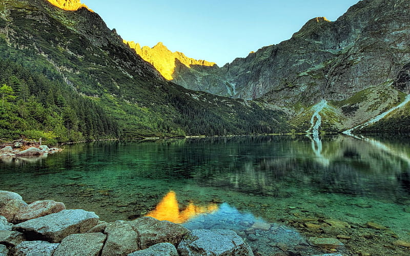 Morskie Oko Tatras, mountain lake, Poland, sunset, Carpathian Mountains, HD wallpaper