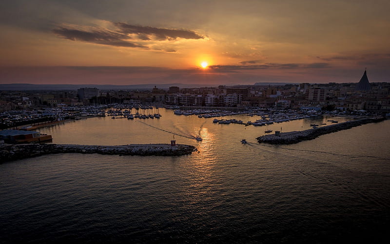 Sicily, sunset, city panorama, harbor, beach, Syracuse, Italy, HD wallpaper