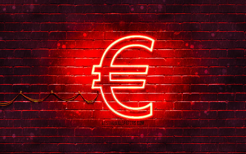 Euro red sign red brickwall, Euro sign, currency signs, Euro neon sign, Euro, HD wallpaper