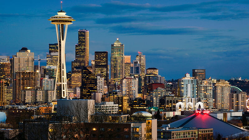 Space Needle City View Buildings Seattle During Nighttime Travel, HD wallpaper