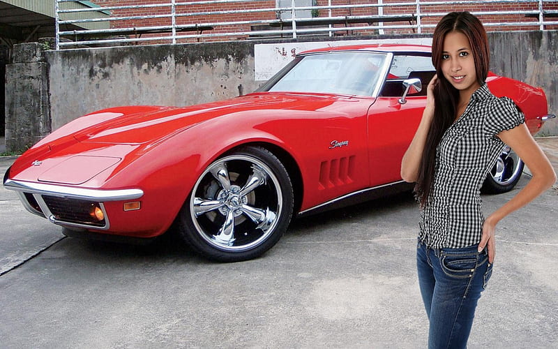 Paula Shy and a Red Vette, Model, Brunette, Corvette, carros, HD wallpaper