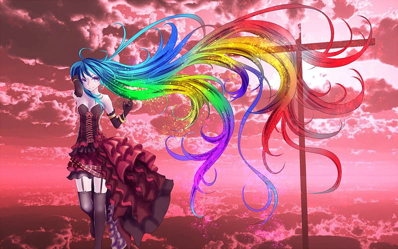 Hatsune Miku, vocaloid, manga, yusuke, rainbow, hair, girl, anime, pink, HD wallpaper