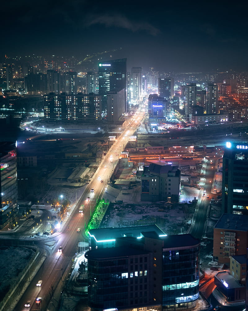 night city, aerial view, buildings, roads, streets, lights, HD phone wallpaper