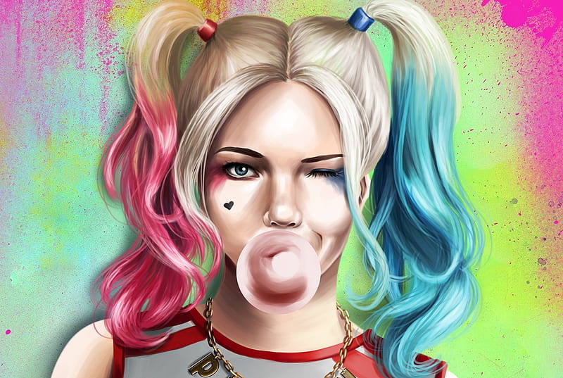 Face of Harley Quinn, art, look, tails, Suicide Squad, face, chewing gum, of Harley of Quinn, HD wallpaper