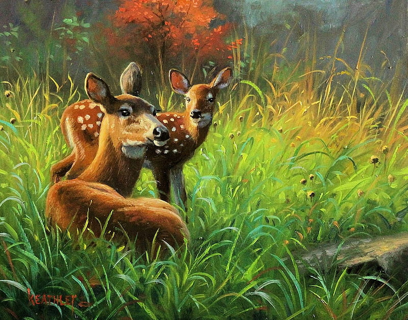 Momma Time - Mark Keathley, grass, deer, fawn, painting, nature, artwork, HD wallpaper