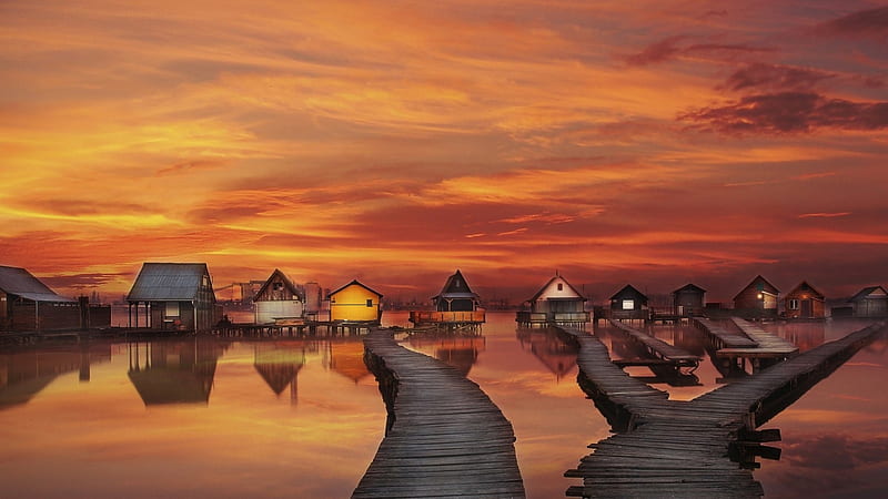 houses on stilts at gorgeous orange sunset, water, stilts, piers, orange, houses, sunset, HD wallpaper