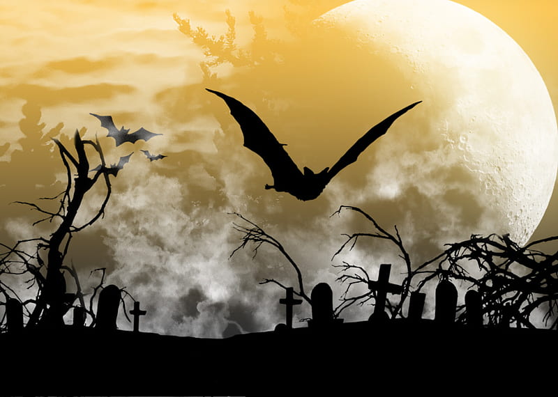 Night Flyer, moon, cemetary, halloween, bat, HD wallpaper