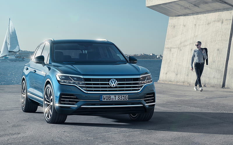 Volkswagen Touareg, 2018, TDI, front view, new blue Touareg, German luxury SUV, Volkswagen, HD wallpaper