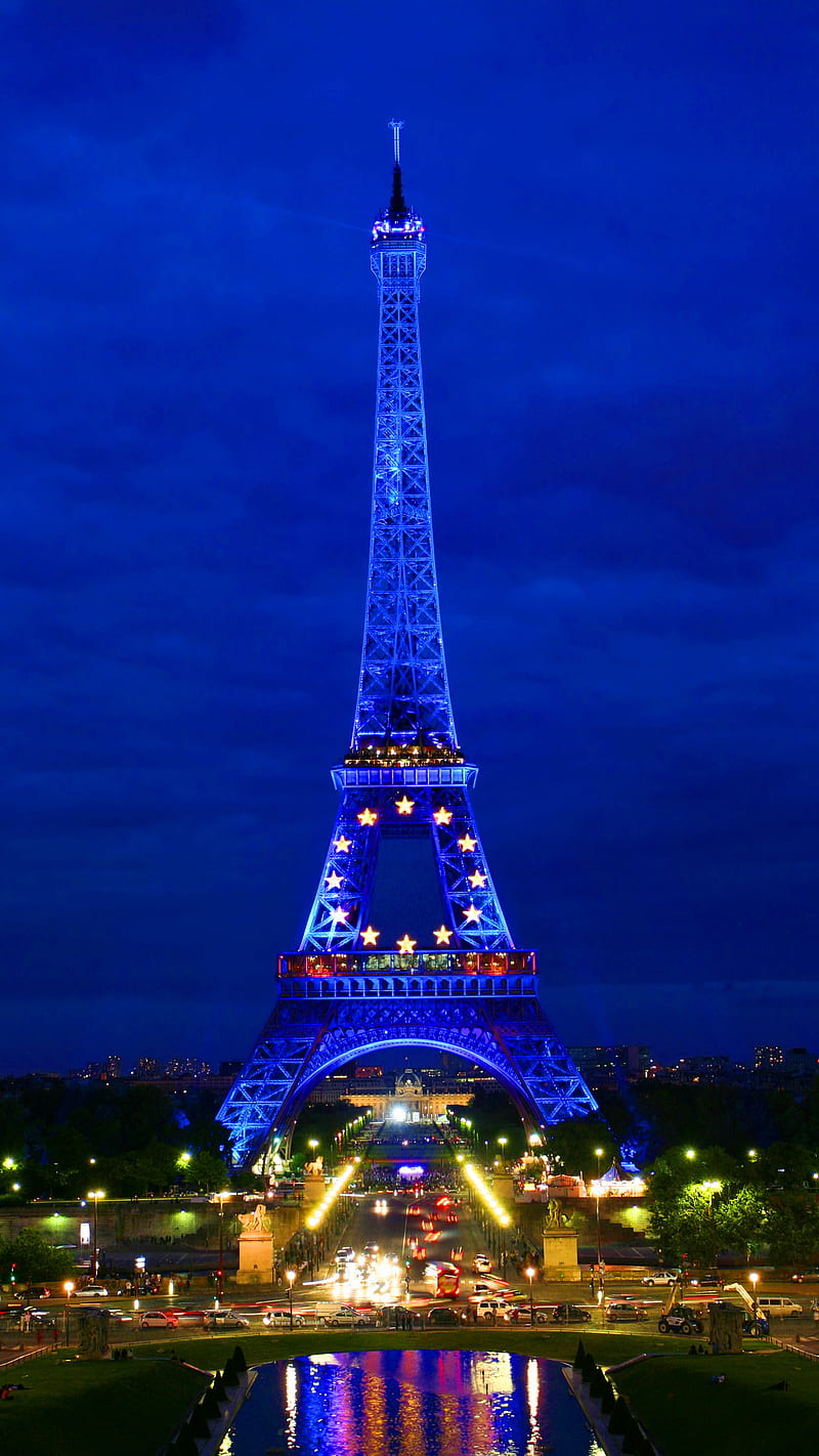 Night In Paris, blue, city, eiffel tower, france, lights, neon shine, HD phone wallpaper