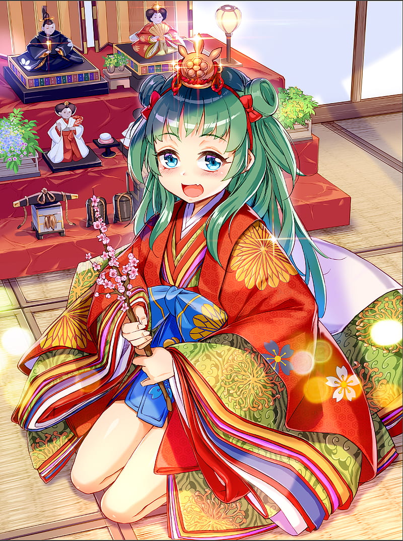 xil, Japanese kimono, kimono, aqua hair, flowers, HD phone wallpaper