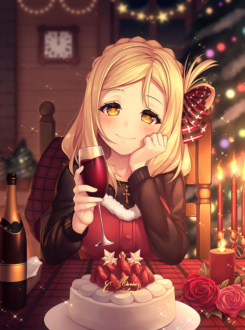 anime girls, anime, Love Live! Sunshine, blonde, bottles, wine, Christmas, cake, necklace, candles, yellow eyes, drinking glass, smiling, HD phone wallpaper