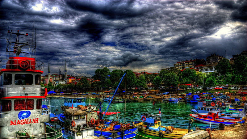 fantastically colored boat harbor in duzcenin turkey r, boats, clors, town, r, clouds, harbor, HD wallpaper