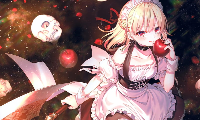 anime maid, eating an apple, blonde, skull, maid outfit, red eyes, Anime, HD wallpaper