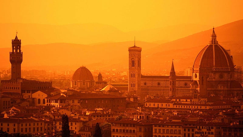 Sunset in Tuscany, hills, cathedral, santa maria del fiore, buildings, houses, homes, sunset, mountains, florence, evening, italy, tuscany, HD wallpaper