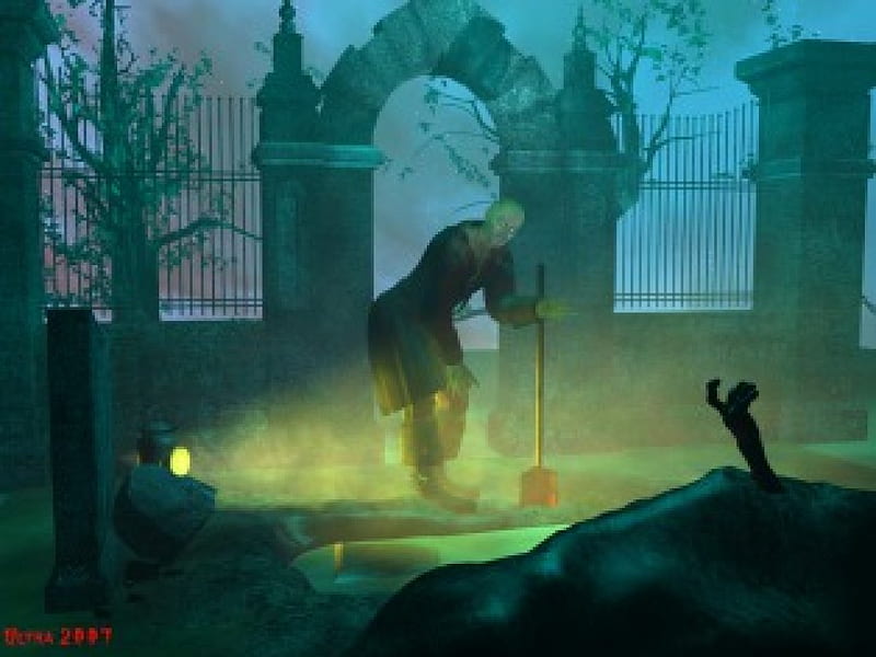 The Gravedigger, arch, gates, shovel, graveyard, digging, grave, light, HD wallpaper