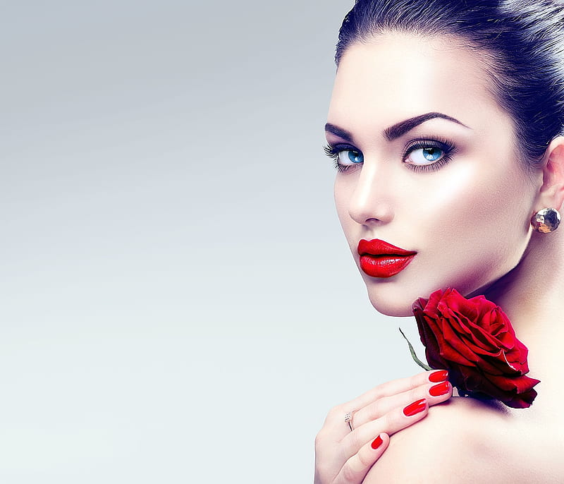 Beauty, red, model, rose, woman, lips, anna subbotina, girl, face, HD wallpaper