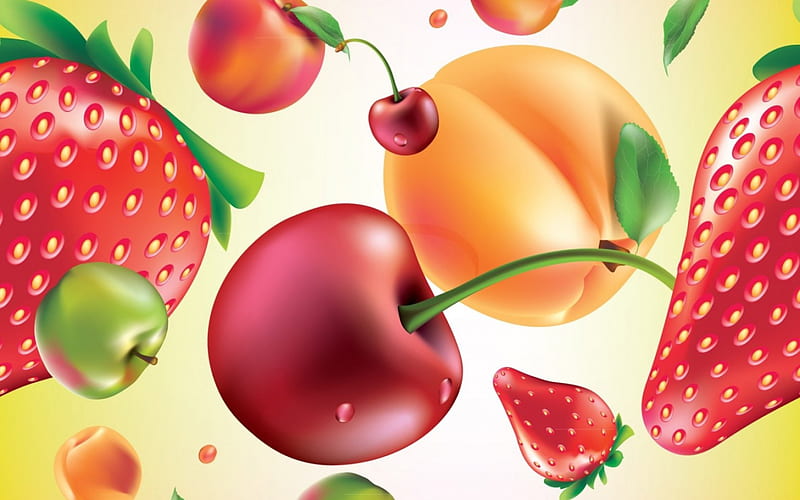 Fruits, apple, red, strawberry, orange, food, sweet, dessert, fruit, apricot, texture, cherry, HD wallpaper