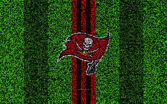 Tampa Bay Buccaneers, logo grass texture, emblem, football lawn, red black lines, National Football League, NFL, Tampa, Florida, USA, American football, HD wallpaper