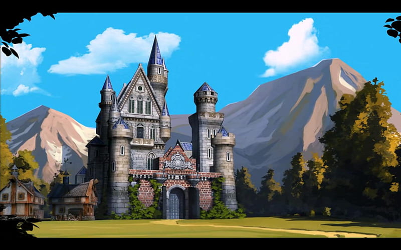 Castle from Majesty 2 Kingmaker, forest, sky, clouds, tree, green, mountains, nature, majesty, castle, blue, HD wallpaper