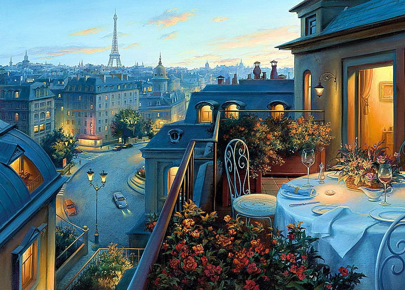 An Evening in Paris, table, france, balcony, houses, chairs, artwork, light, HD wallpaper