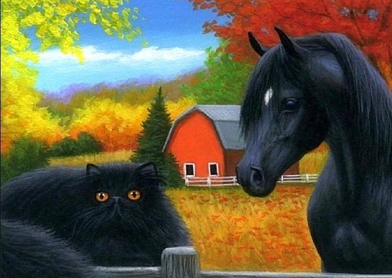 Black Friends, fall, draw and paint, autumn, colors, love four seasons, farms, attractions in dreams, horses, leaves, paintings, cats, animals, HD wallpaper