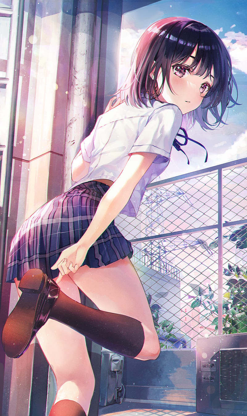 anime girls, short hair, rooftops, vertical, school uniform, blush, dark hair, Eumi, HD phone wallpaper