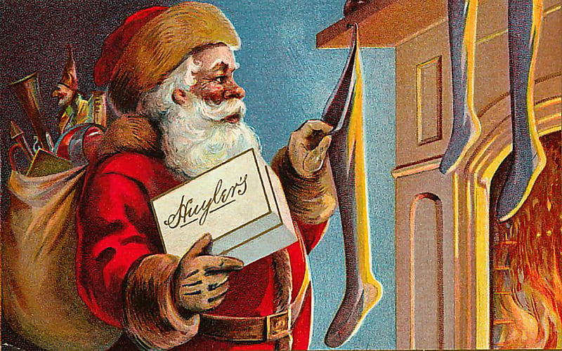 Santa on the Job F2, art, candy stockings, christmas, chocolate, artwork, santa, painting, wide screen, scenery, HD wallpaper