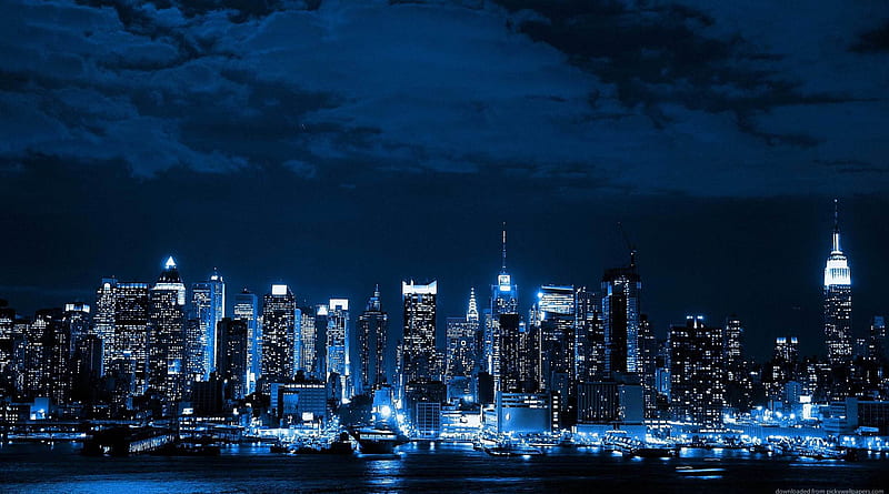 nyc in blue neon, city, piers, river, lights, blue, night, skyscrapers, HD wallpaper