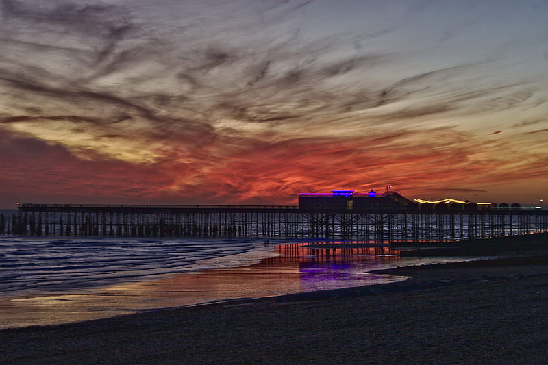 Hastings Pier Sunset, beach, Hastings, pier, sunset, sea, HD wallpaper