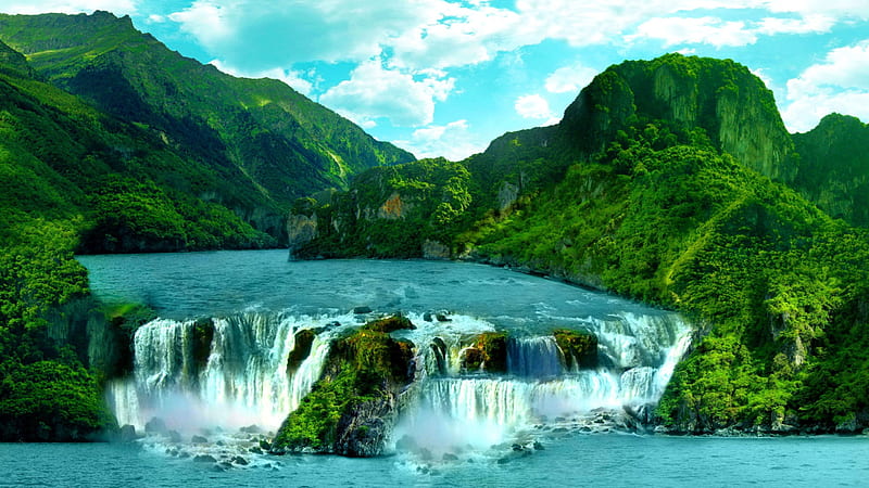 Cascading Waterfall, Hillside, Cascading, Sky, Foam, Water, View, Beauty, Trees, Mountains, Green, Clouds, Rush, Waterfall, Depth, Blue, HD wallpaper