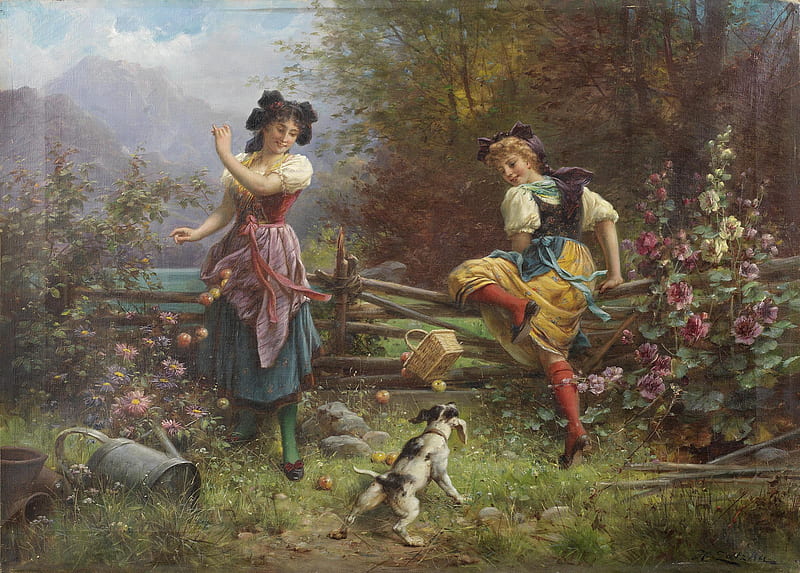 girl, hans zatzka, flower, caine, man, couple, dog, art, painting, pictura, HD wallpaper