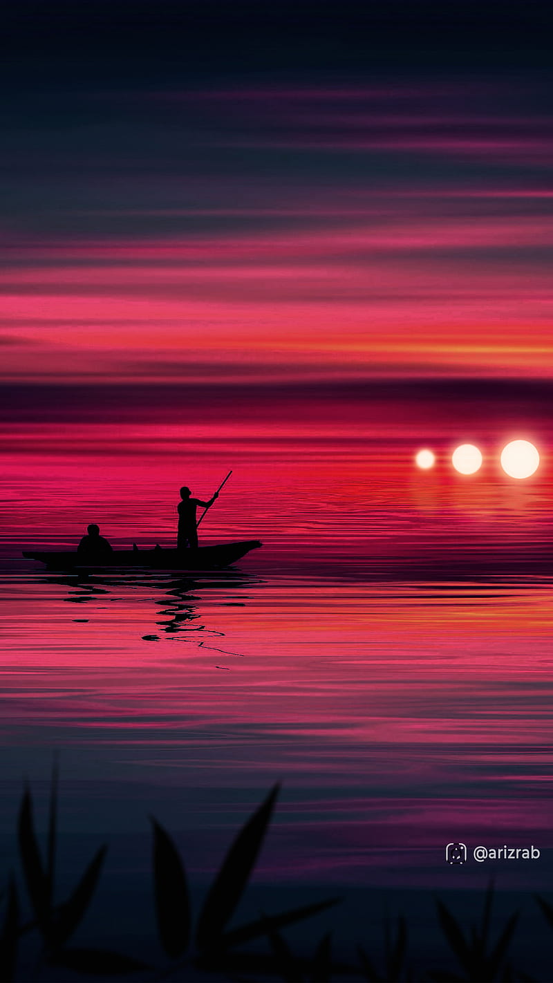 Fisherman Silhouettes, aesthetic, fishing, illustration, ocean, sea, silhouette, space, sun, sunset, HD phone wallpaper