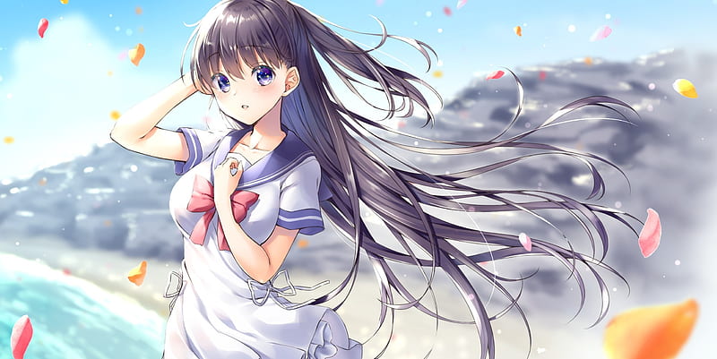 anime girl, wind, school uniform, beach, petals, brown hair, blue eyes, Anime, HD wallpaper
