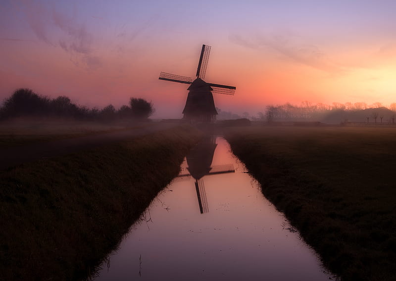 Buildings, Windmill, Europe, Nature, Nederland, Sunset, HD wallpaper