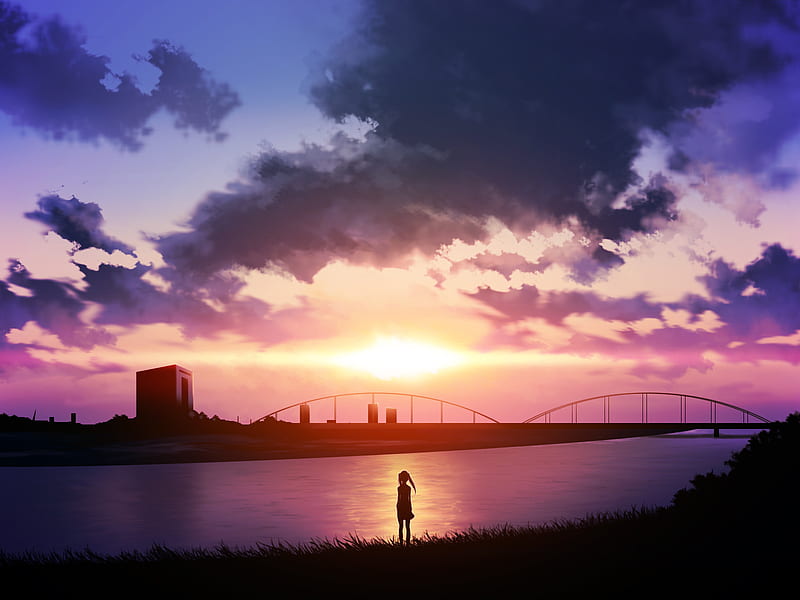 Lonely City Sunset, cute, art, anime, love, sunset, couple, HD wallpaper