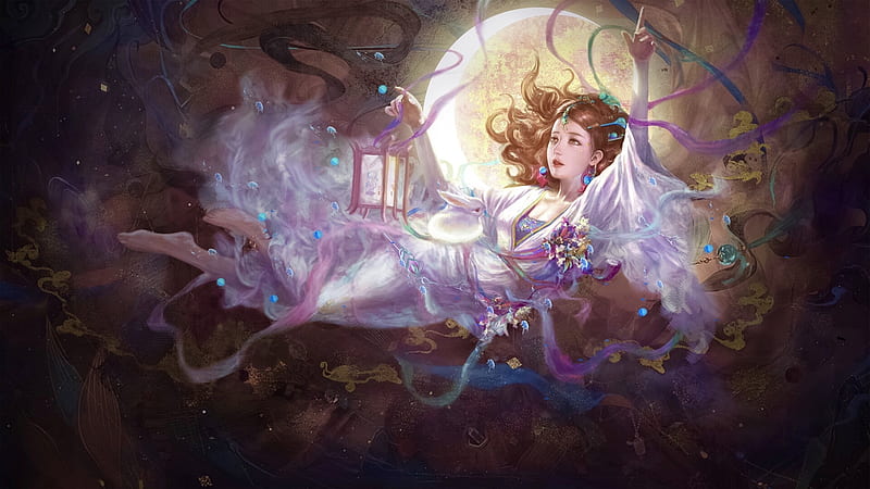 Chang'e, goddess, change, frumusete, luminos, chang e, moon, superb, fantasy, zhuang qi, moon, bunny, gorgeous, HD wallpaper