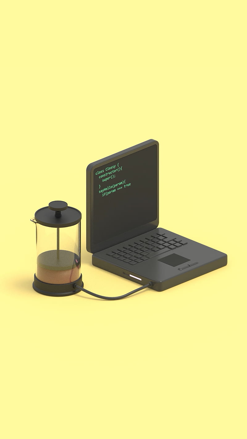 Coffee and Code, coding, coffee break, coffee machine, computer, computer nerd, programming, yellow, HD phone wallpaper