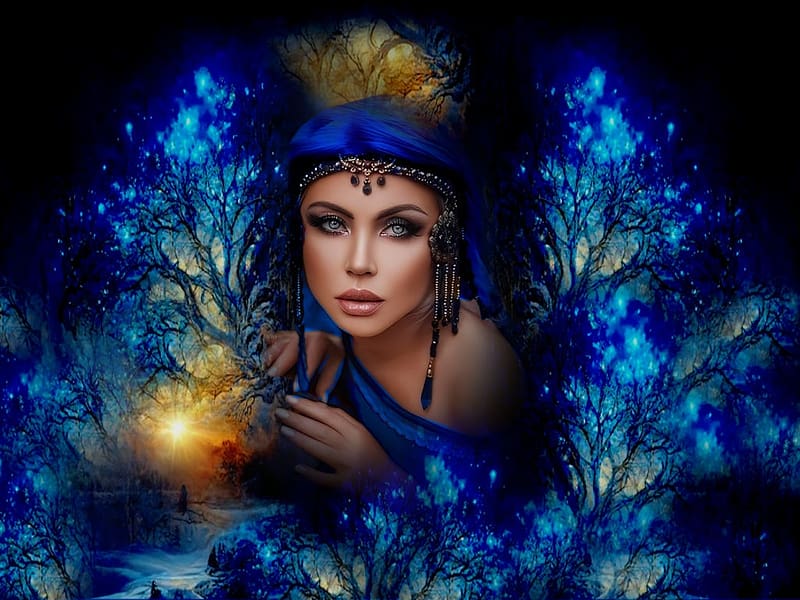Angelicly Radiant In Blue, tree, colorful, blue, black, vibrant, path, girl, crown, vivid, bright, light, yellow, bold, HD wallpaper